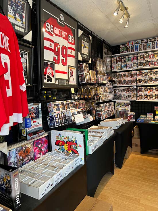 Inside shot of our store with a focus on Wayne Gretzky 99 jersey for sale